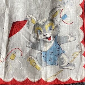 Vintage Child's Handkerchief  Gray White Rabbit w/Red Umbrella  Fireworks Border